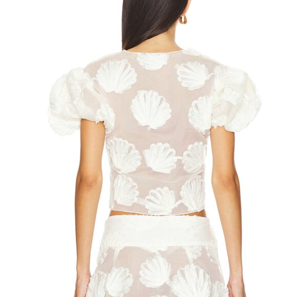 NEW House of Sunny Scattered Shell Blouse Marble White Cream Sheer Crop Top Tee - Picture 3 of 4